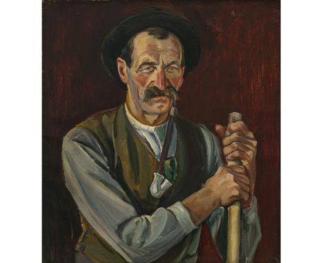 Hiasl (Mathias) Maier-Erding1894 Erding - 1933 München"Der Huber-Bauer mit der Pfeife"Vor rotem Hintergrund. R. o. signiert. 