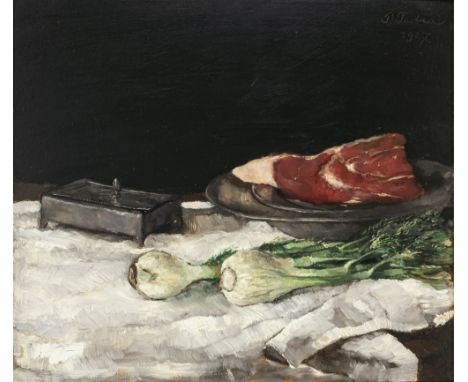 Paul Mathias Padua1903 Salzburg - 1981 Rottach-EgernStillleben mit Fenchel und Fleisch. 1927Auf weißem Lacken drapiert. R. o.