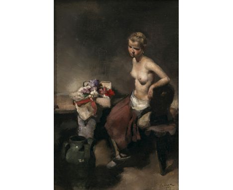 Paul Mathias Padua1903 Salzburg - 1981 Rottach-EgernWeiblicher Akt in der Stube. 1945Sitzender Frauenakt, Blumenbouquet auf S