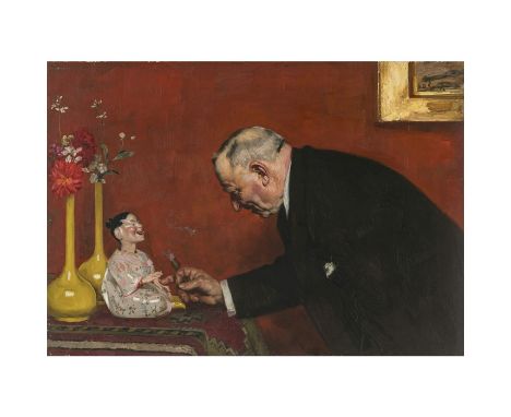 Arthur Kampf1864 Aachen - 1950 Kastrop-Rauxel"Der Kenner"Herr mit Zigarette vor einer Wackelpagode. R. o. signiert. Öl auf  L