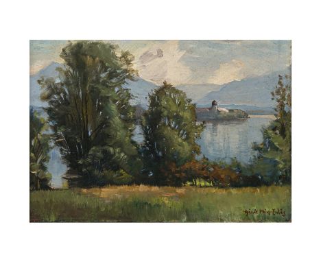 Hiasl (Mathias) Maier-Erding1894 Erding - 1933 MünchenChiemseelandschaftBlick vom Ufer an zwei Bäumen vorbei auf die Frauenin