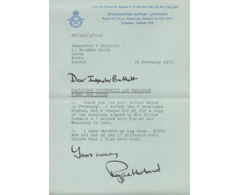 Typed Letter Dated 20 February 1976 Signed by Air Marshal Sir Reginald E W Harland. joined the Royal Air Force Volunteer Rese