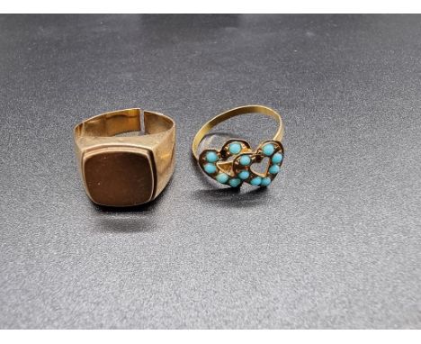 An Arabic yellow metal ring decorated entwined hearts, set turquoises, size P; together with a yellow metal signet ring, (a.f
