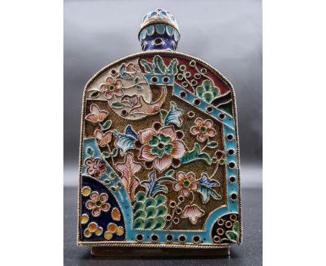 An unmarked silver-gilt, cloisonné snuff bottle or scent flask, 69mm high. 