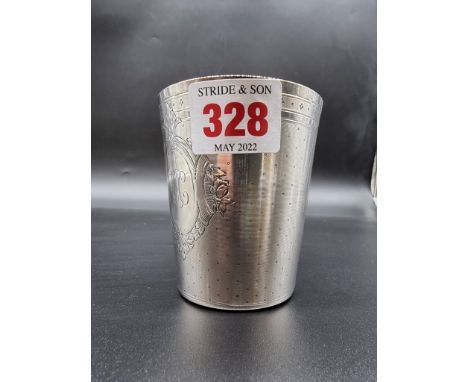 A French engine turned white metal beaker, by P R, 8cm high. 