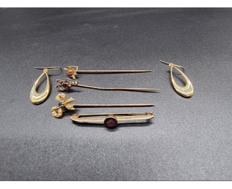 A pair of yellow metal open tear drop pendant earrings, stamped 375; together with four various stick pins. 