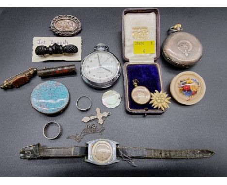 A vintage white metal stem wind pocket watch, 50mm, stamped 935; together with a Smiths plated stem wind pocket watch; a vint