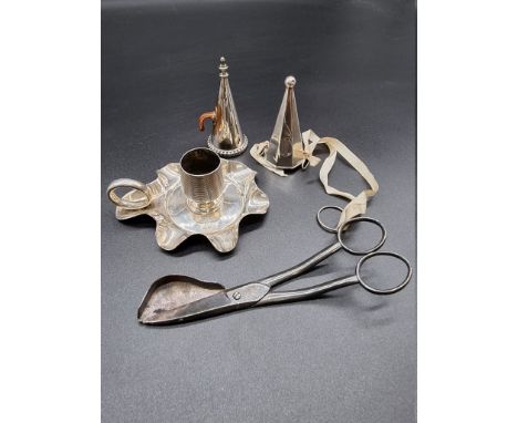 An Edwardian silver chamber stick,&nbsp;by Joseph Gloster Ltd, Birmingham 1908, 10.5cm wide, 54g; together with a silver cand