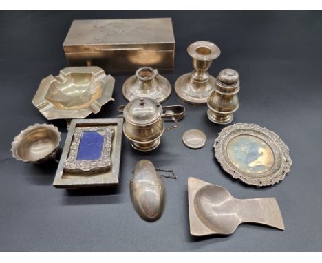 A group of silver items; to include and engine turned cigarette box, 387g weighable. (13) 