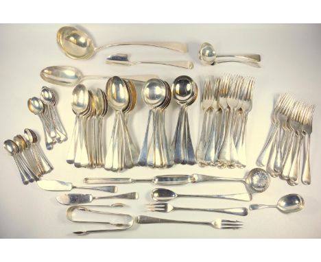 SUITE OF SILVER OLD ENGLISH PATTERN CUTLERY COMPRISING TWELVE SOUP SPOONS, SEVENTEEN TABLE FORKS, SIX TABLE SPOONS, NINE DESS