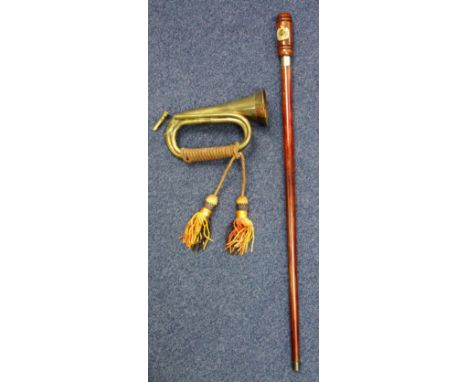 BRASS BUGLE WITH TASSELS (H.28 CM)  AND AN ELIZABETH II ROYAL ENGINEERS CEREMONIAL MAHOGANY FINISH MACE (2) 