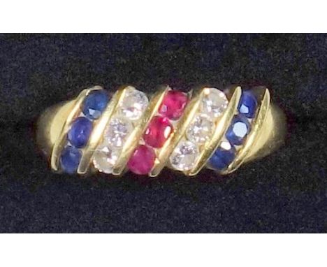 YELLOW METAL DIAMOND, SAPPHIRE AND RUBY RING (SIZE M) STAMPED 750, 4.3&nbsp; GRAMS