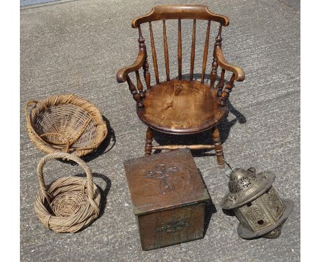 WOODEN ARMCHAIR WITH TURNED CIRCULAR SEAT (H.76 CM, HAMMERED COPPER ART NOUVEAU BIN, ISLAMIC BRASS HANGING LAMP AND TWO WOVEN