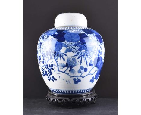 A Chinese blue and white jar and cover Kangxi four-character mark but 19th centuryOf ovoid form with domed cover, decorated w