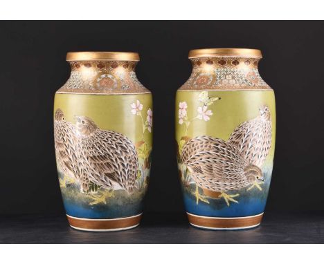 A pair of Japanese vases byTaizan Yohei IX, Meiji eraDecorated with bird studies of partridges in the manner of Kono Bairei.2