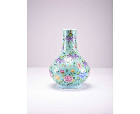 A Chinese Dayazhai porcelain bottle vase, GuangxuOf pear shape and decorated with birds perched and in flight amid scrolling 