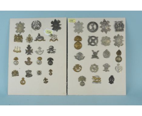 Two cards of military badges including Highland Light Infantry and Lancashire Hussars