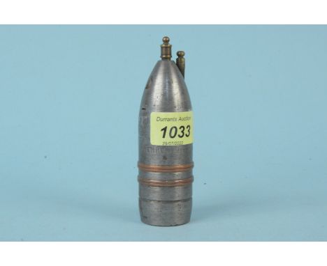 A 'trench art' shell head marked Guerre (war) 1914-1918, crafted into a 'touch' table lighter