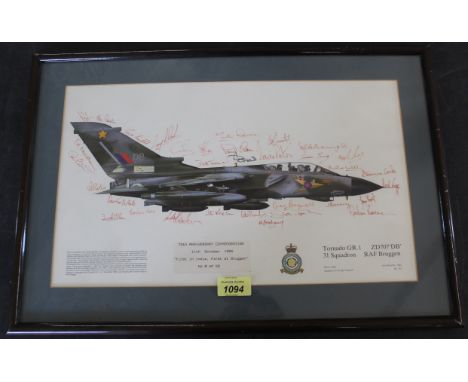 A limited edition print (8/50) Tornado G.R.I 31 Squadron R.A.F. Bruggen, profusely signed, 14" x 20", framed and glazed