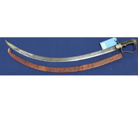 An 'Eastern' antique sword with heavily etched blade and leather embossed scabbard