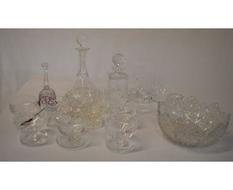 Various glassware including two decanters, bell and a large bowl