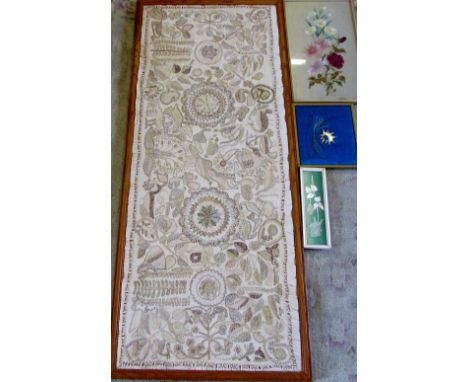 Bangladeshi hand made tapestry 57 cm x 133 cm & assorted needlework inc flowers on silk