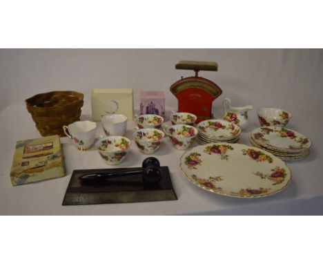 Gavel on stand, part tea service, Salter scales etc