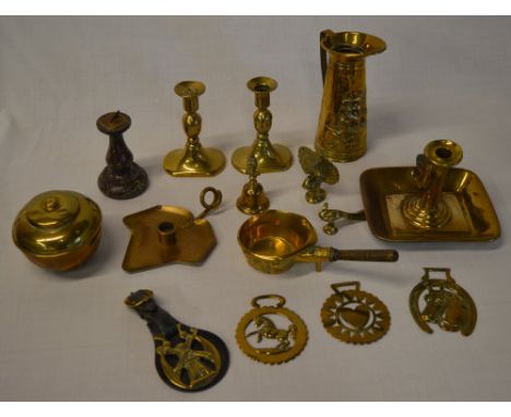 Various brassware including a, horse brasses, chamber stick etc