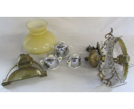 Brass ink stand, chrome and ceramic tea set & a glass and brass light fitting