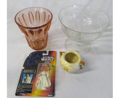 Coloured glass vase, glass centre piece, Princess Leia Star Wars figure & a Clarice Cliff pot (missing lid)