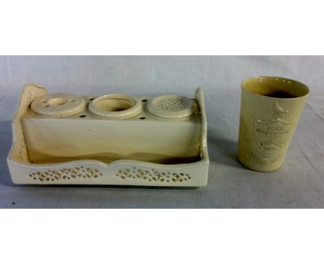 Creamware inkwell set with impressed Leedsware mark & a 'Peace celebration  souvenir 1919' beaker with a strap handle
