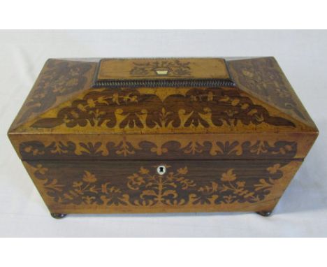 Early 19th century sarcophagus shaped inlaid tea caddy converted to a jewellery box