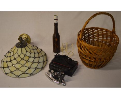 Modern Tiffany style light fitting, Pifco travel iron, modern lamp and a wicker basket