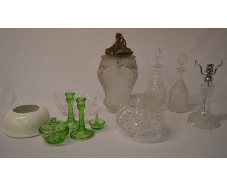 Glassware including hanging lightshade, 2 decanters, green glass dressing table set etc