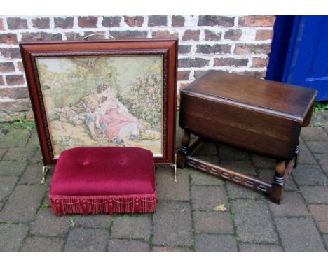 Fire screen, foot stool and small drop leaf table