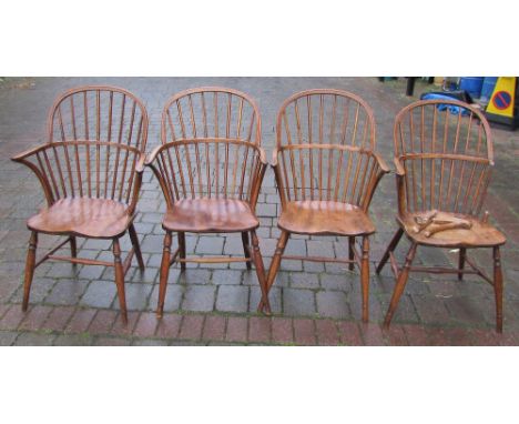 4 19th century stick back ash seated Windsor chairs (one broken)