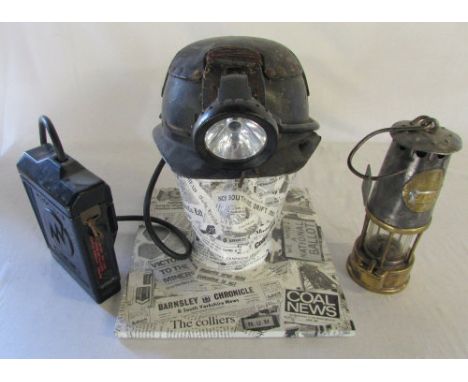 Collection of Coal mining accessories inc vintage miners hat, lamp, tag for Barrow Colliery & cap lamp