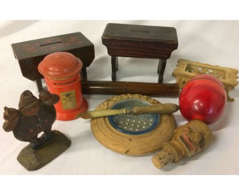 Wooden Post Office Savings Bank money post box, 2 bench money boxes, carved wood & glass butter dish & knife etc