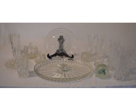 Various glassware including an etched/frosted glass plate, paper weight, vases etc