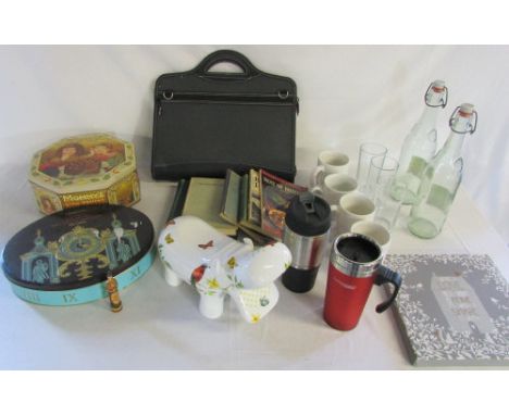 Assorted ceramics inc Hippo moneybox, glassware, books & a briefcase/satchel etc