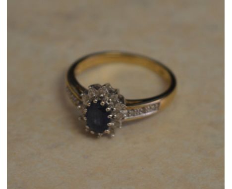 9ct gold sapphire and diamond ring, approx 0.1ct of diamonds, Ring Size L