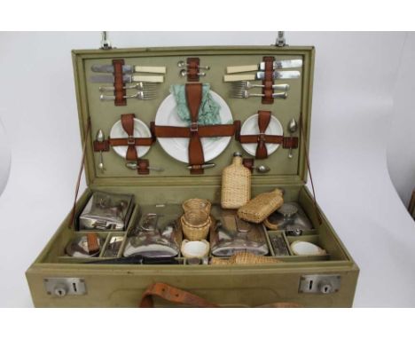 Fitted vintage car trunk with contents, initialled E.M.M. on the top, measuring 63cm across
