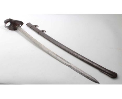 Late 19th century Austrian cavalry troopers sabre with curved fullered blade in steel scabbard.