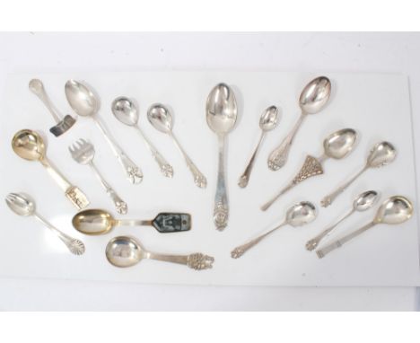 Collection of 17 items of Danish silver and white metal spoons to include 830 standard and sterling silver standard, enamel, 