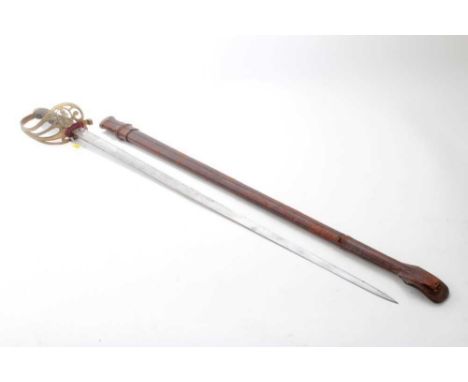 Edwardian 1892 Pattern Infantry Officers' Sword, with gothic brass hilt, wire bound fish skin grip, etched polished steel bla