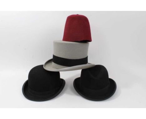 Vintage Christy’s London grey felt top hat, Dunn &amp; Co. black felt bowler hat, the West Minster felt black felt hat and a 