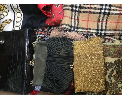 Box silk scarves, Burberrys knitted checked scarf, vintage handbags etc