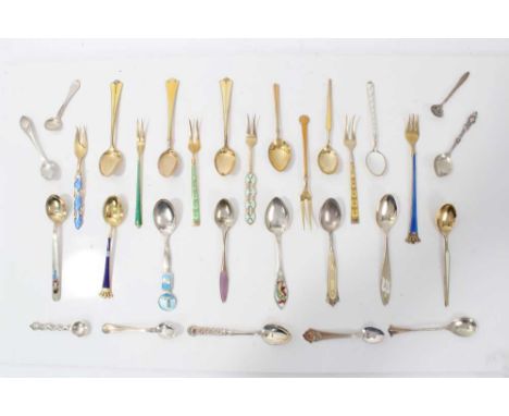Collection of Danish silver gilt and enamel spoons and similar items