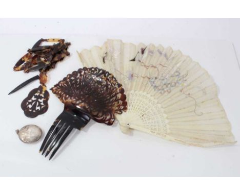Silver locket together with vintage tortoiseshell necklace, hair slide and fan with embroidered bird decoration