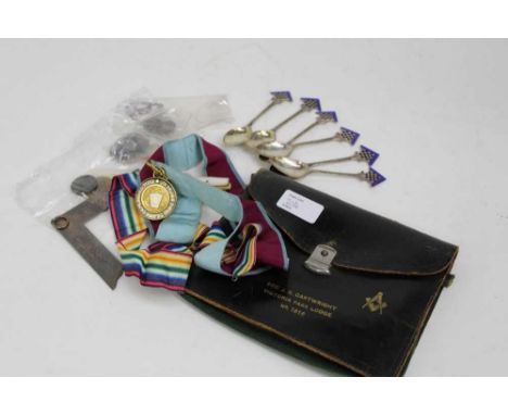 Collection of loose Masonic jewells, coins, set of six silver and enamel silver spoons, aprons, etc
